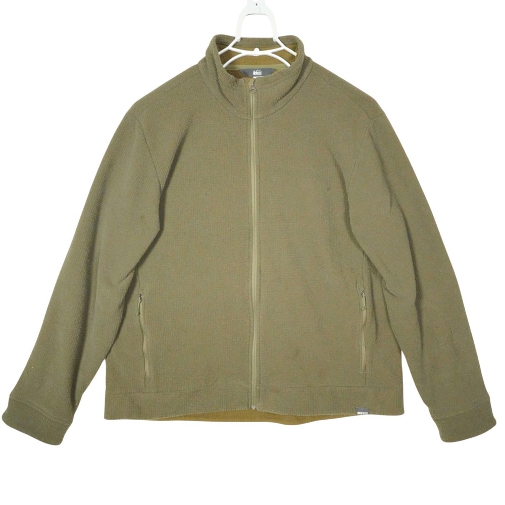 REI Co-op Mens XL Olive Green Full Zip Waffle Knit Sherpa Lined Fleece Jacket